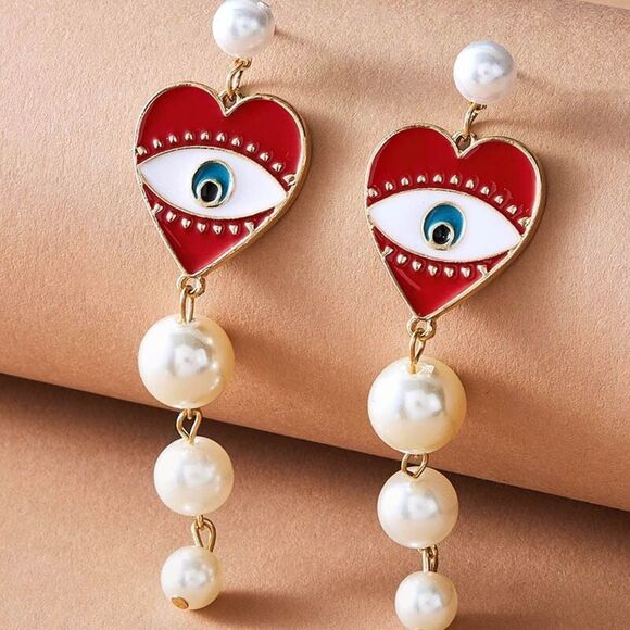 Crimson and Pearl Evil Eye Dangle Post Earrings NWT - Picture 2 of 11